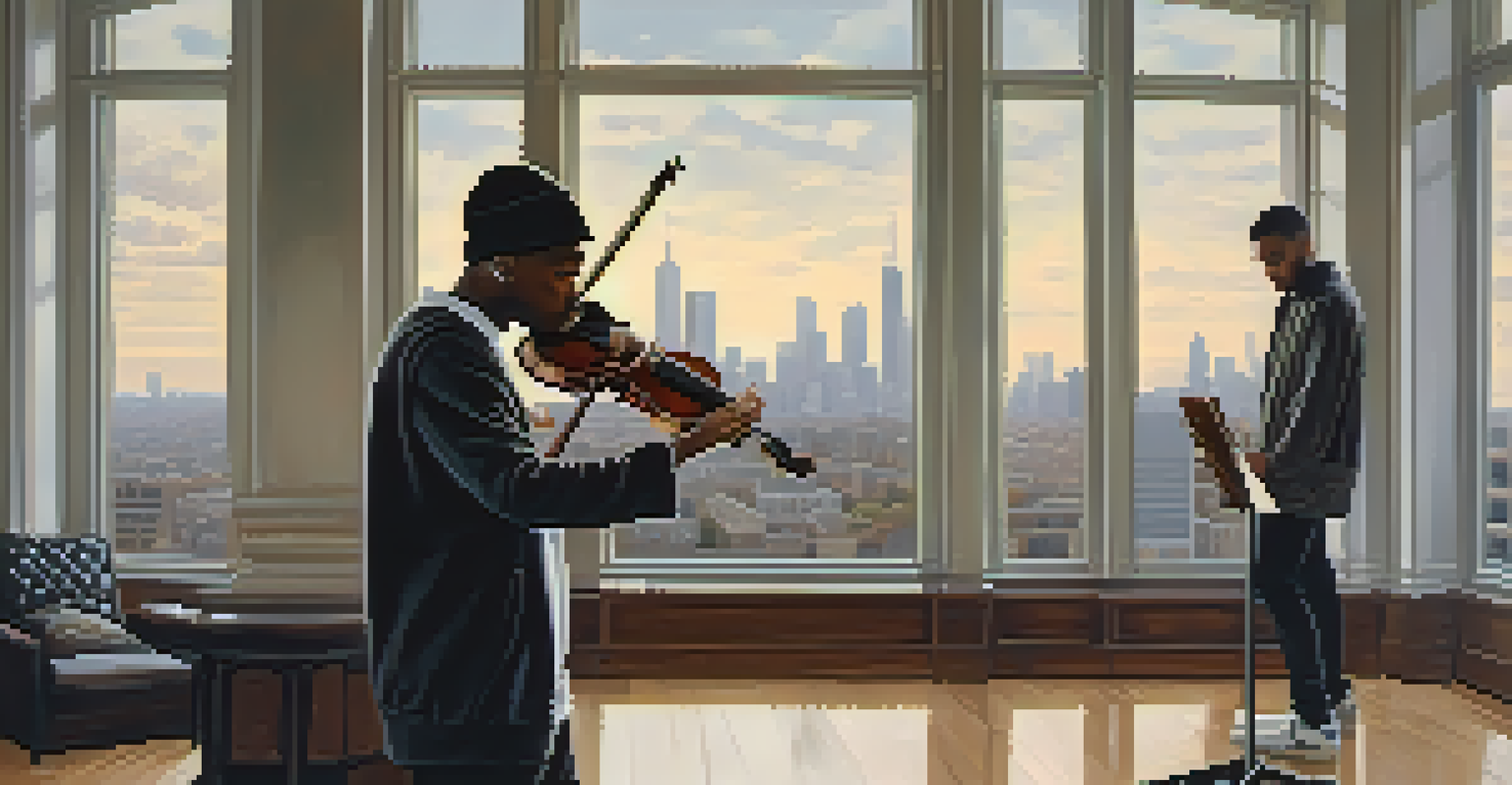 A hip-hop artist and classical violinist collaborating in a modern studio filled with musical instruments.