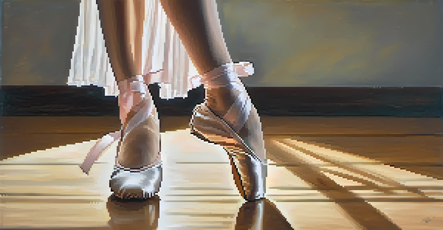 A close-up of a dancer's feet in ballet shoes positioned gracefully on a wooden floor.