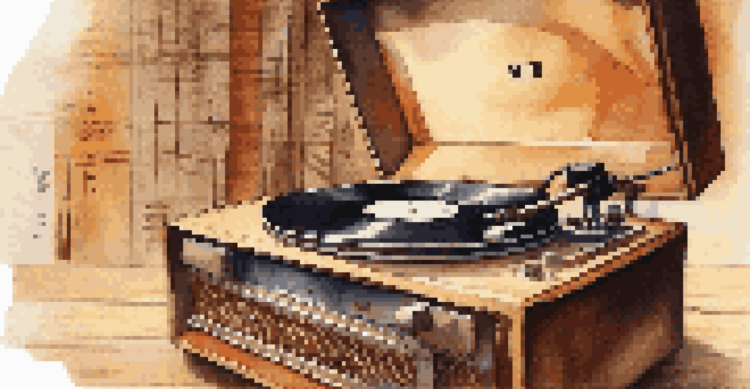 A close-up of a vintage vinyl record player with a spinning record, surrounded by musical notes and warm lighting.