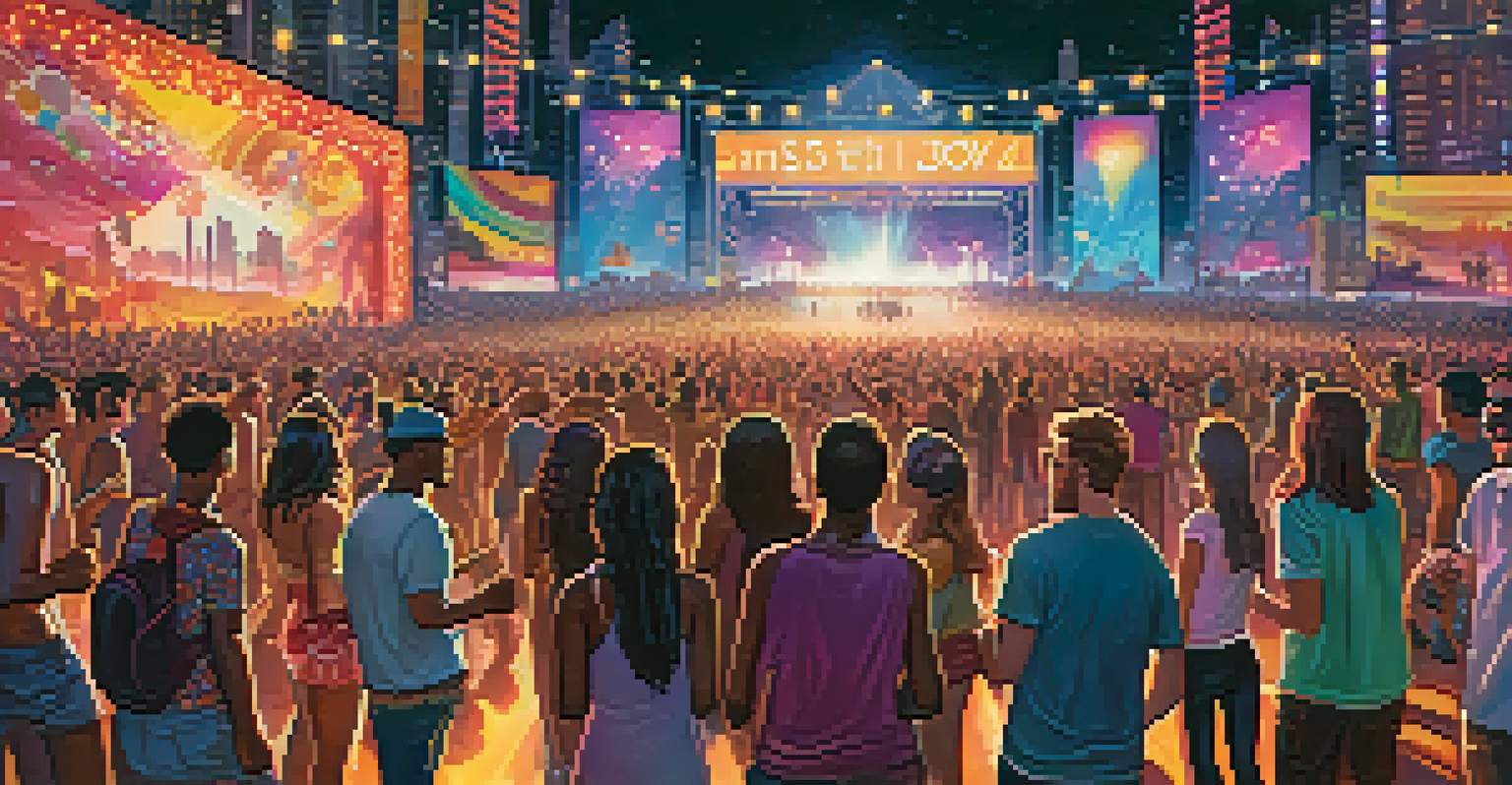 A lively music festival scene with diverse individuals dancing and sharing headphones, enjoying various music genres.