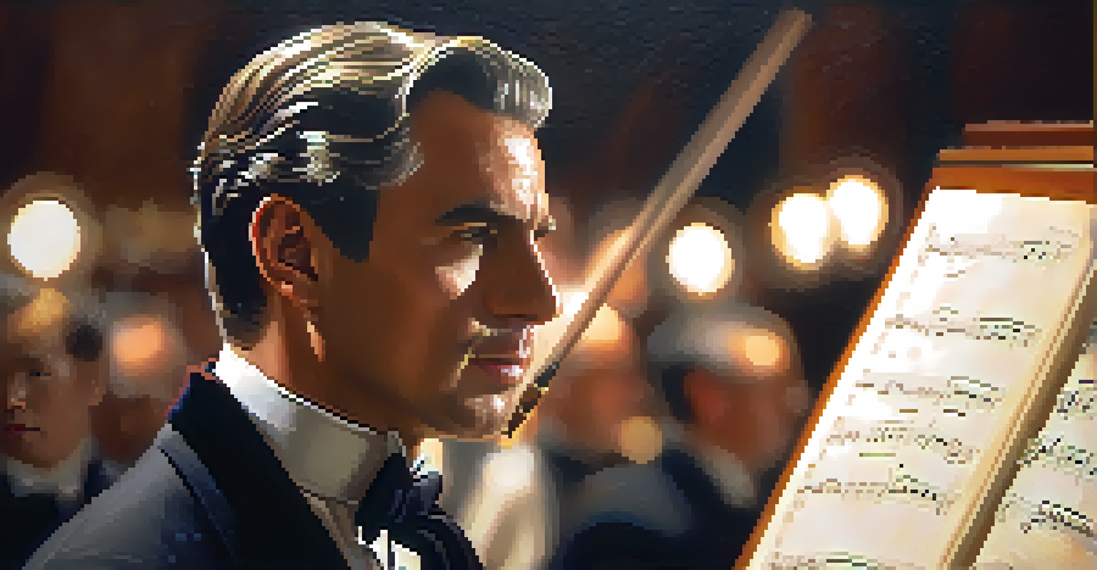 A close-up portrait of a conductor deep in thought, surrounded by sheet music, with a focused expression and warm lighting.