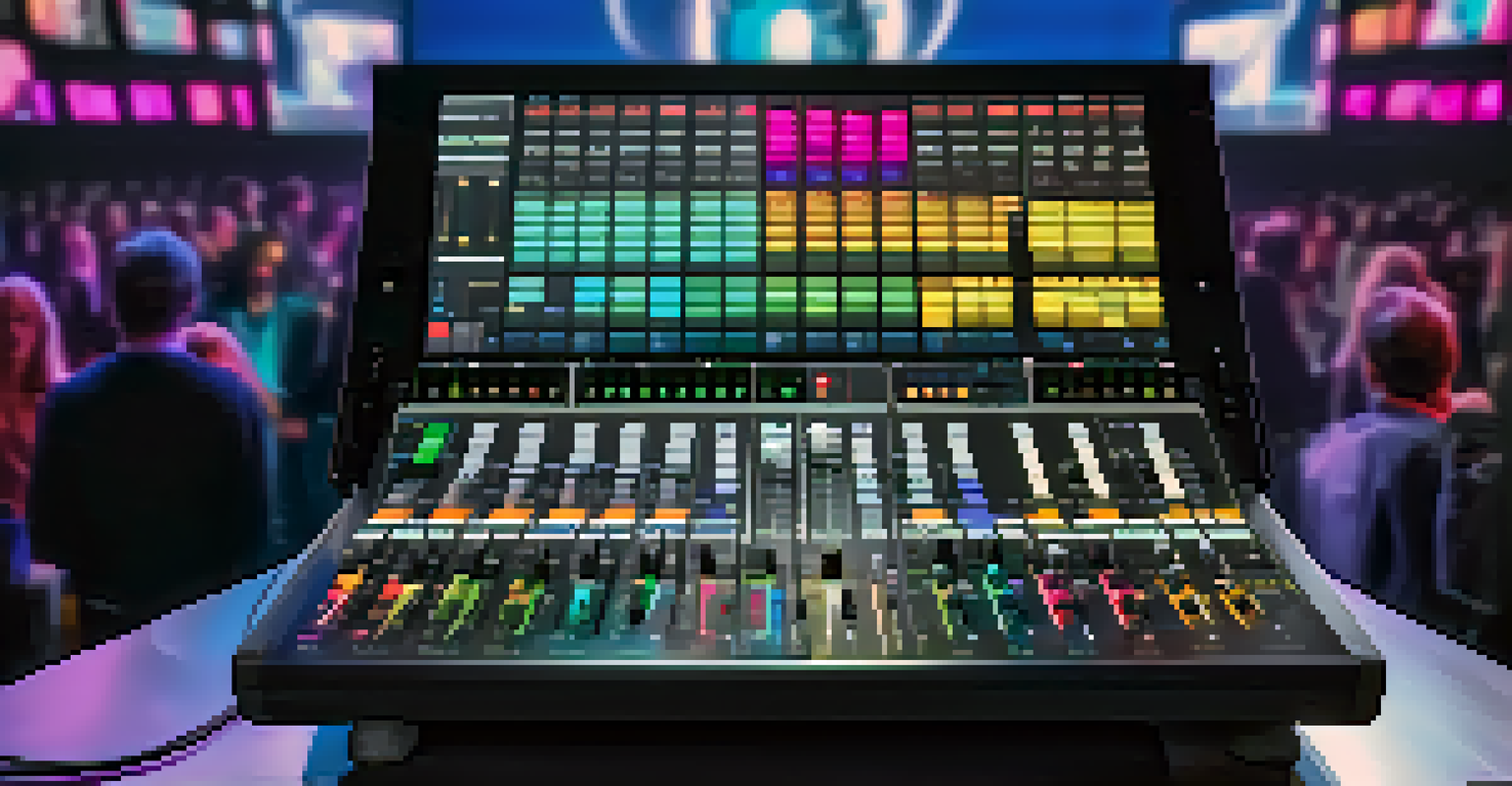 A detailed view of a digital mixer with colorful controls and screens, while sound engineers work behind it.