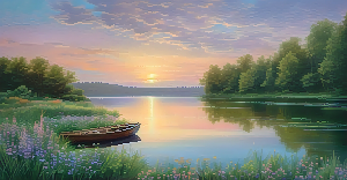 A peaceful sunset over a calm lake with a wooden boat and colorful reflections.