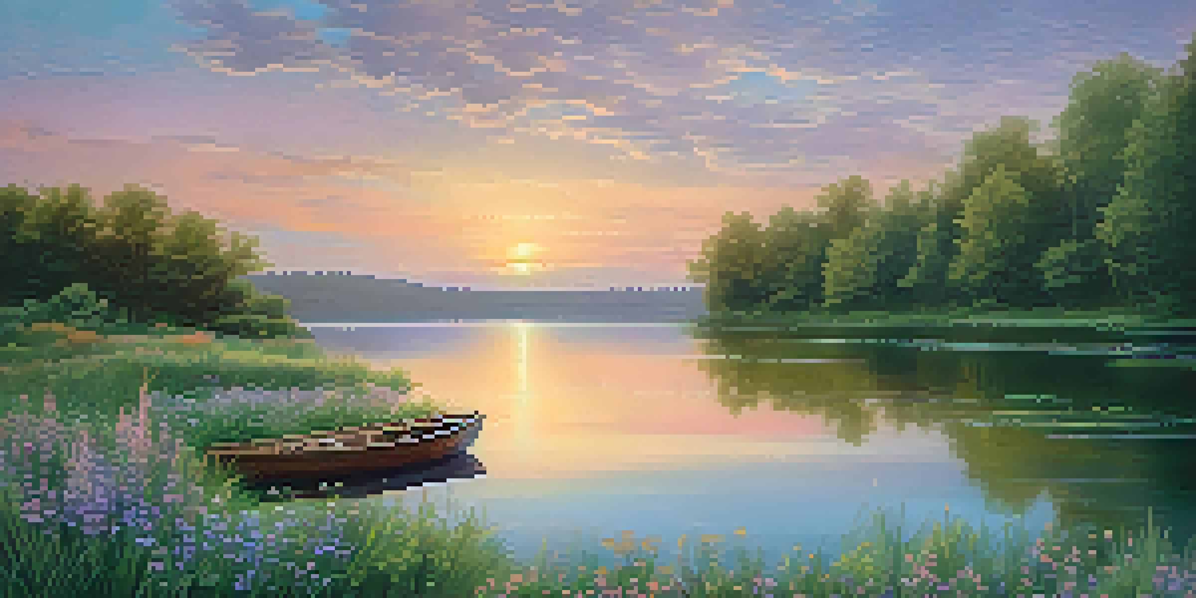 A peaceful sunset over a calm lake with a wooden boat and colorful reflections.