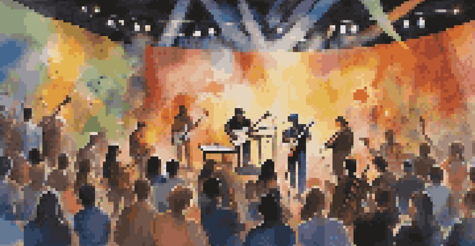 A live performance featuring musicians on stage with a visual artist creating a mural in real-time, surrounded by vibrant stage lights and an engaged audience.