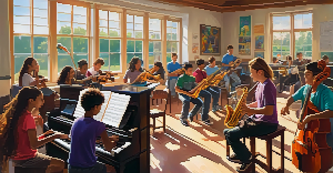 A lively music classroom with diverse students playing instruments and collaborating on music activities, illuminated by sunlight.