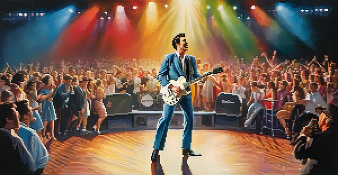 A lively 1950s rock and roll concert with a male singer and excited fans in vintage clothing, under colorful stage lights.