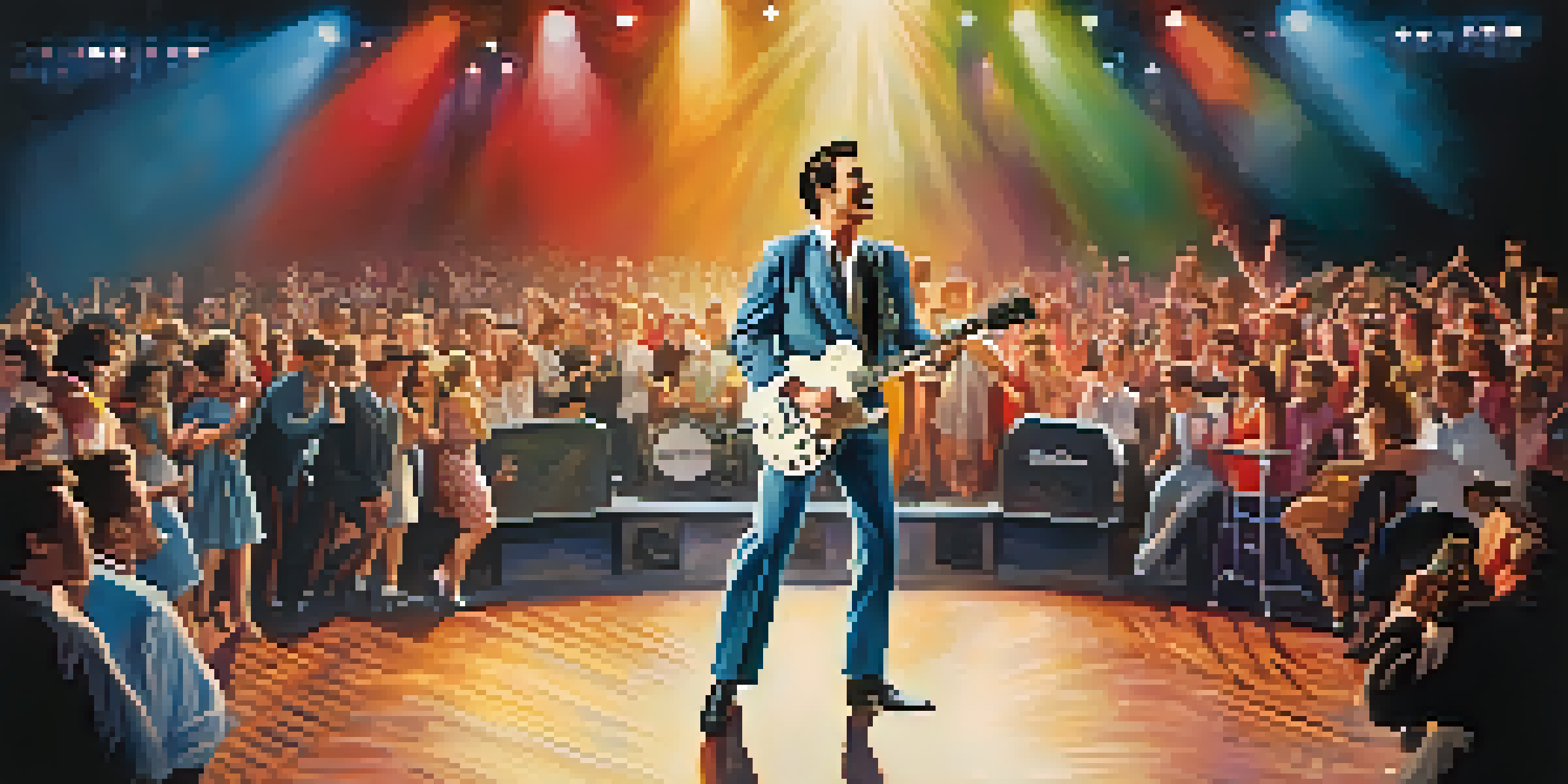 A lively 1950s rock and roll concert with a male singer and excited fans in vintage clothing, under colorful stage lights.