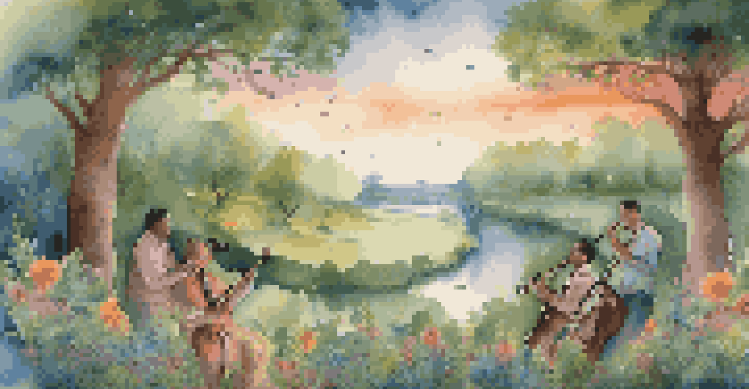 A magical landscape with musical notes flowing from trees and flowers, featuring silhouettes of musicians playing traditional instruments.