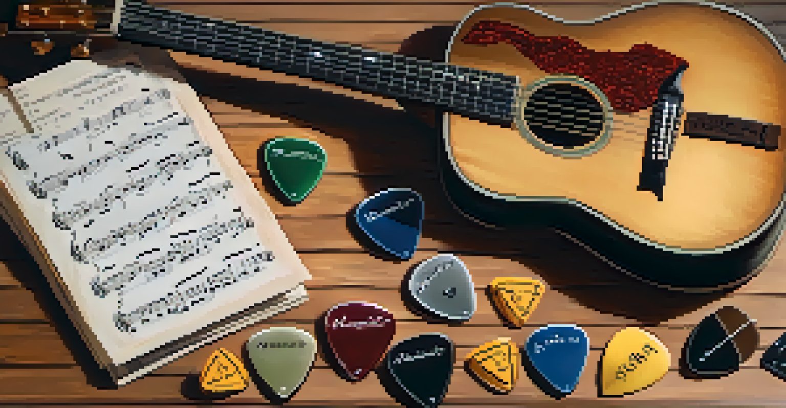 An overhead view of a musician's workspace with guitar picks, a metronome, and sheet music on a wooden table, illuminated by warm lighting.