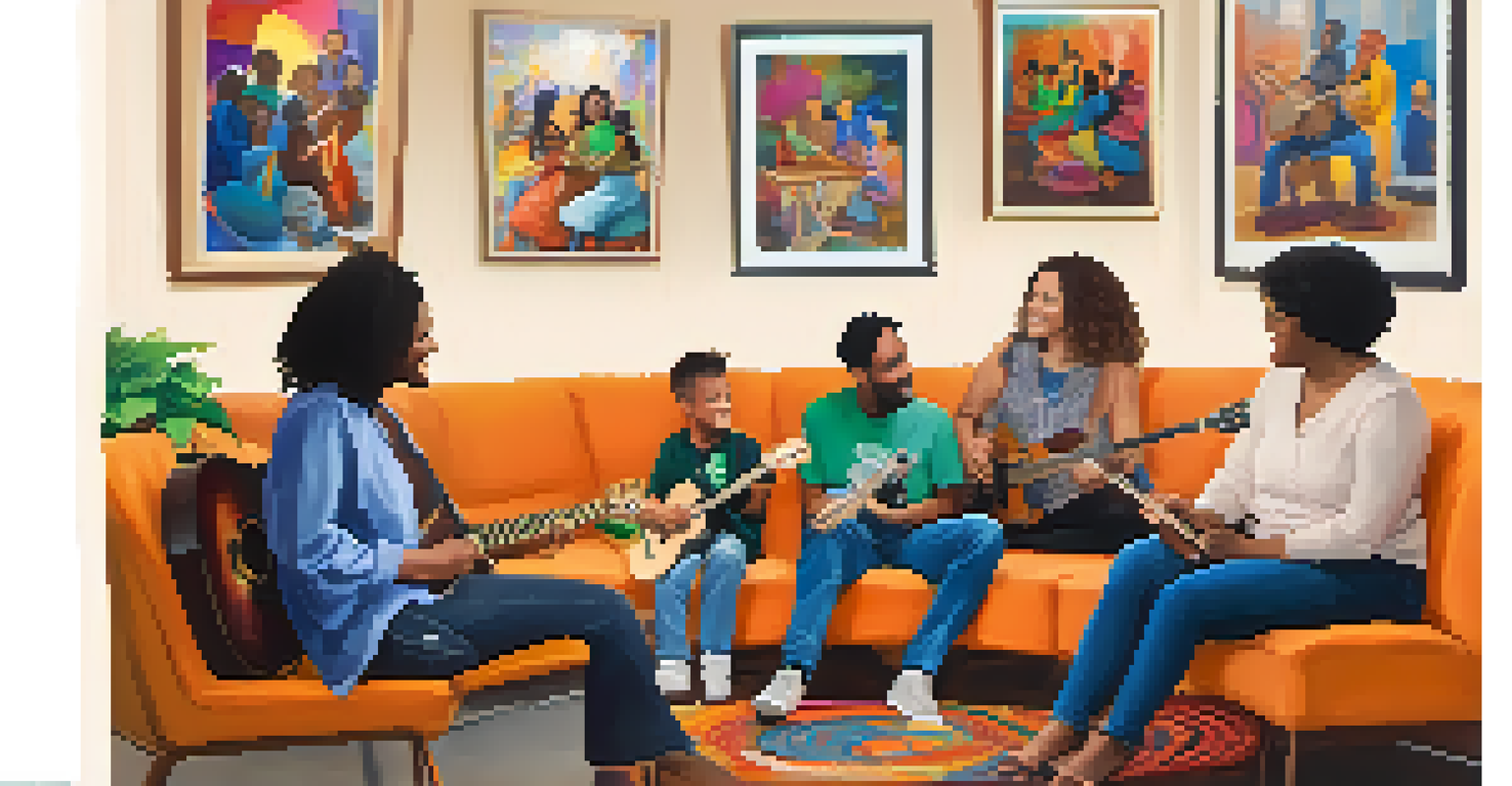 A diverse group participating in a music therapy session, playing various instruments and expressing joy and connection through music.