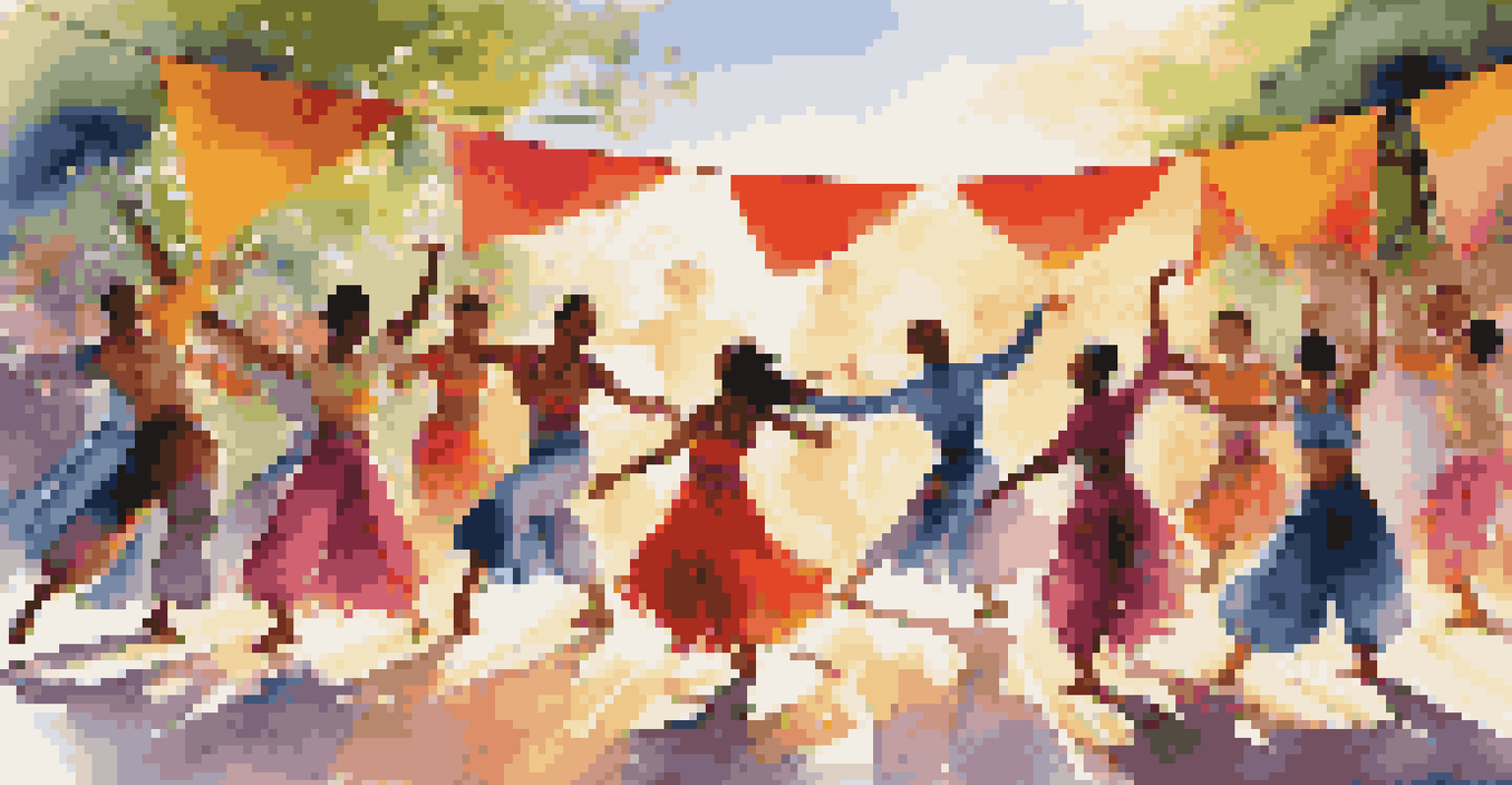 Dancers of various cultures performing together in an outdoor setting, surrounded by colorful artworks and banners.