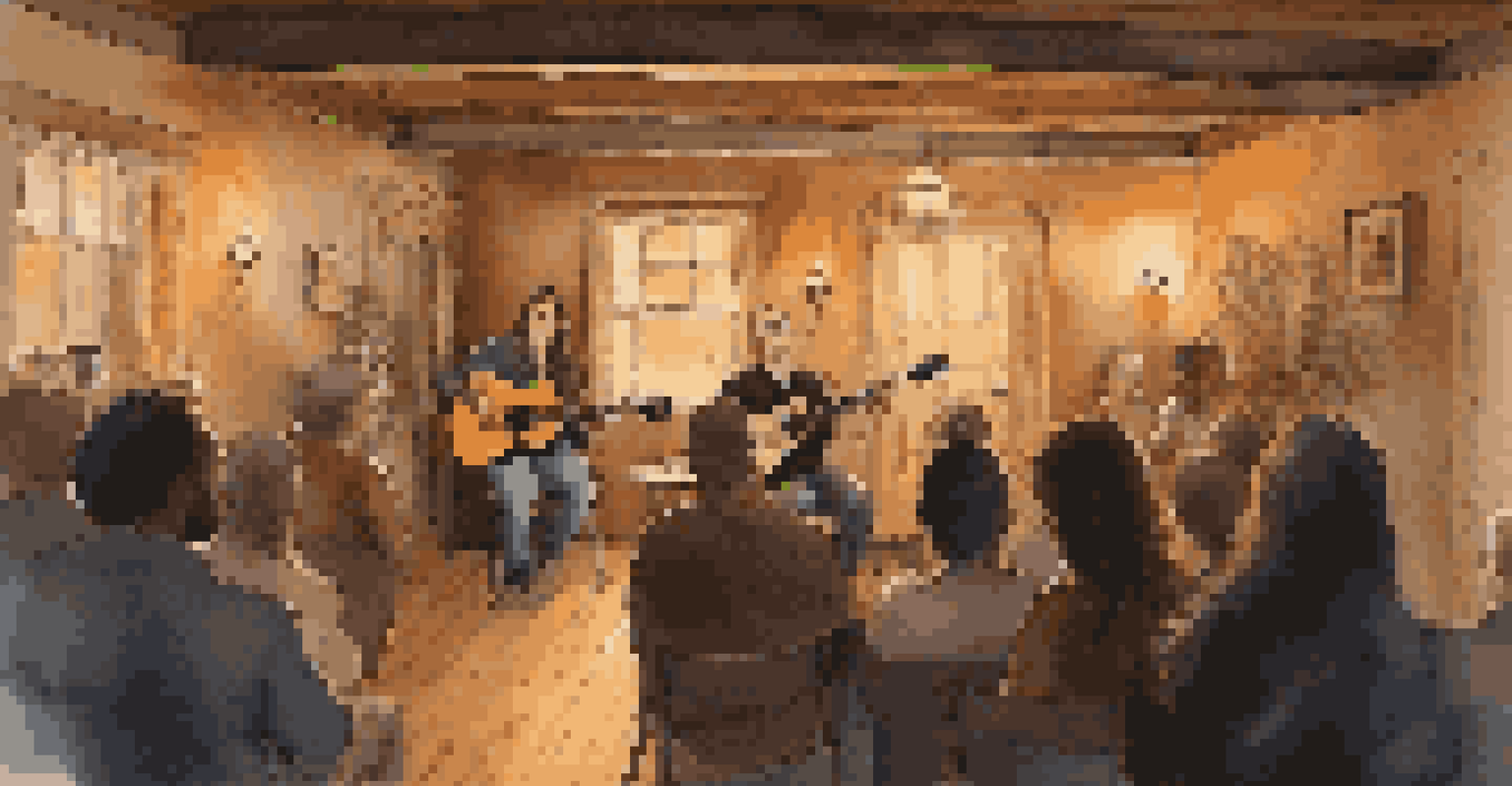 A solo musician performing an acoustic set in a cozy venue, surrounded by warm lighting and an attentive audience.