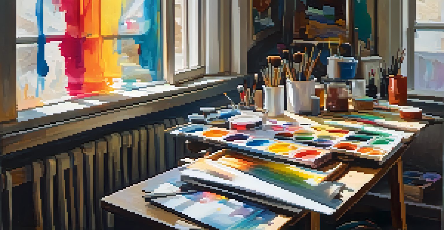 An artist's workspace with paints, brushes, and an abstract painting on a canvas.
