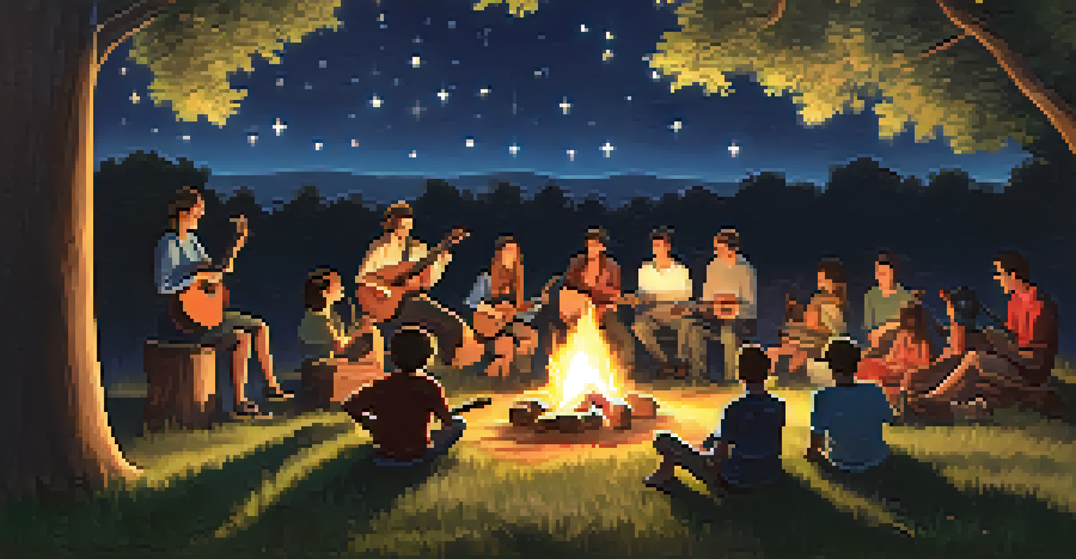 A peaceful gathering around a campfire with people playing acoustic instruments under a starry night sky.