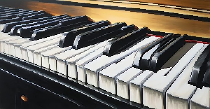 A close-up view of a piano keyboard with a focus on the transition between notes C and D, with sheet music blurred in the background.