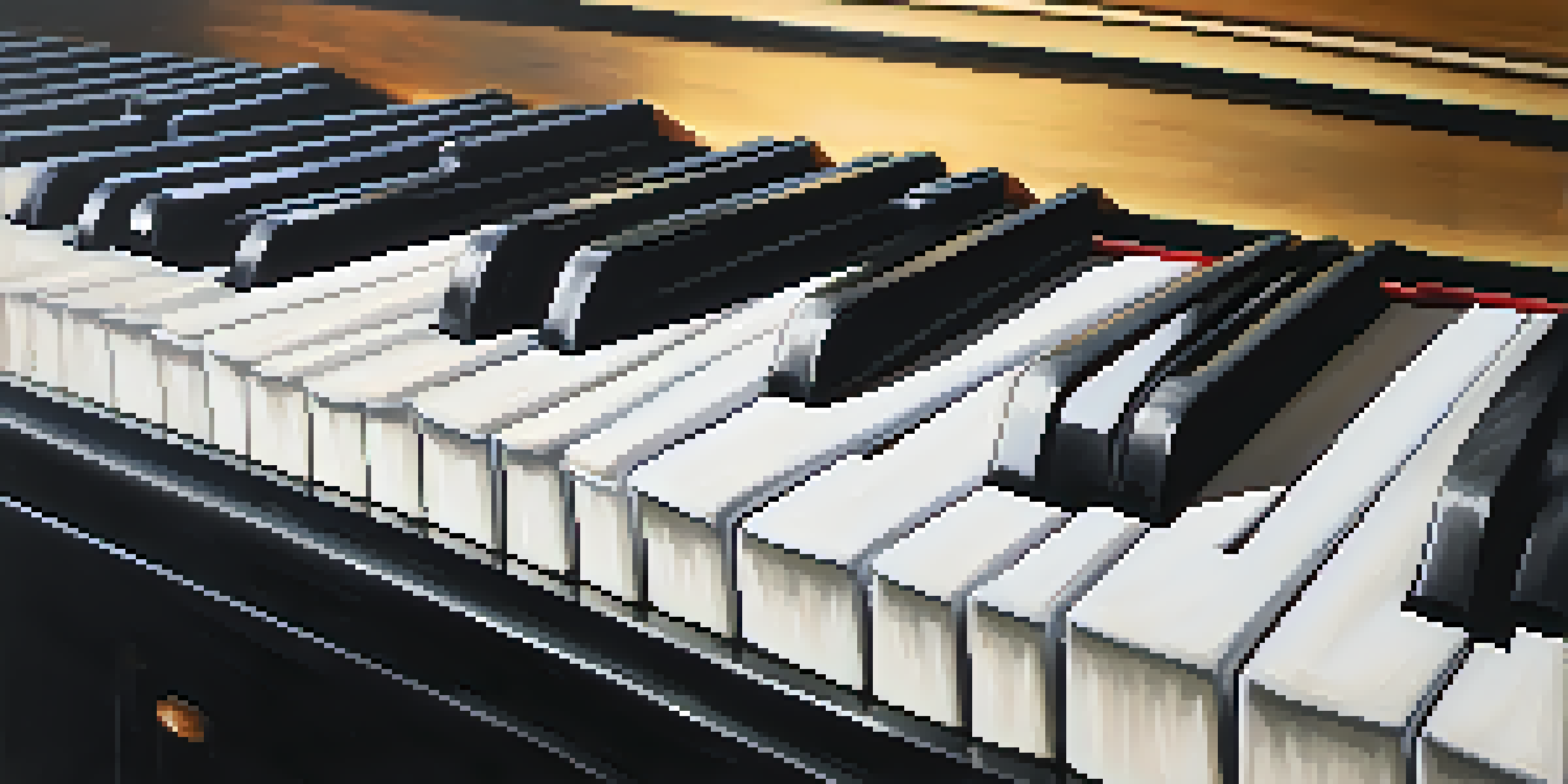 A close-up view of a piano keyboard with a focus on the transition between notes C and D, with sheet music blurred in the background.