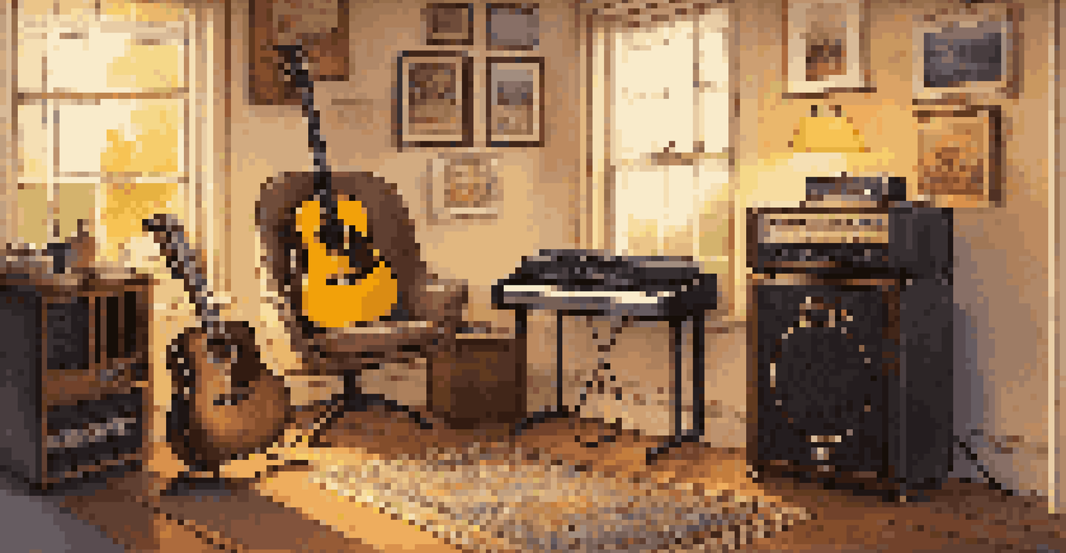 A cozy home studio with an acoustic guitar, electric guitar, and warm lighting.