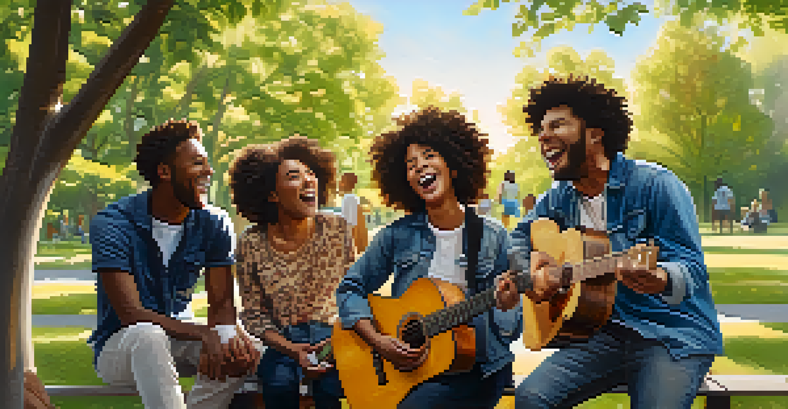 A diverse group of friends singing together in a park, surrounded by greenery and sunlight.