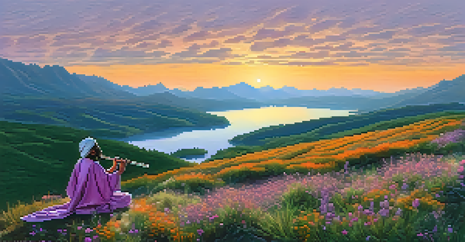 A musician playing a traditional flute on a hillside at sunset, with a colorful sky and a calm lake in the background, surrounded by wildflowers.