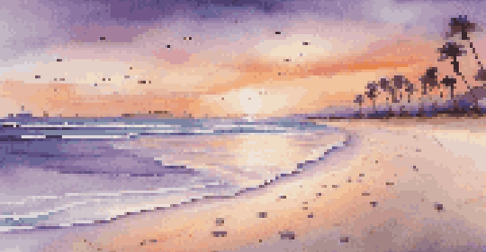 A peaceful beach at sunset with gentle waves and colorful sound waves representing soothing music. The sky is orange, pink, and purple, with palm trees and seashells in the foreground.