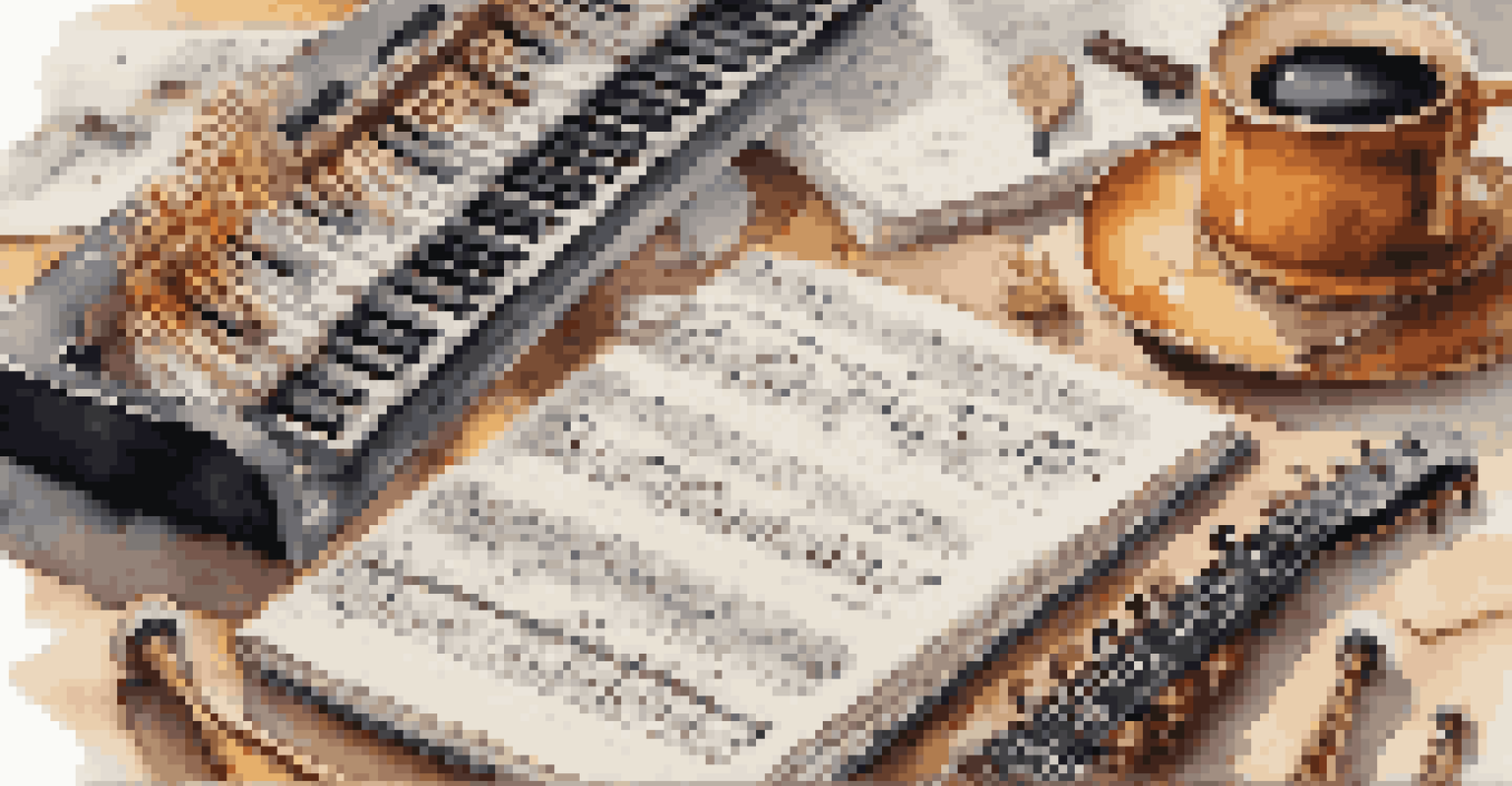 A close-up of a notebook with handwritten song lyrics, surrounded by musical instruments and a cup of coffee in a cozy room.