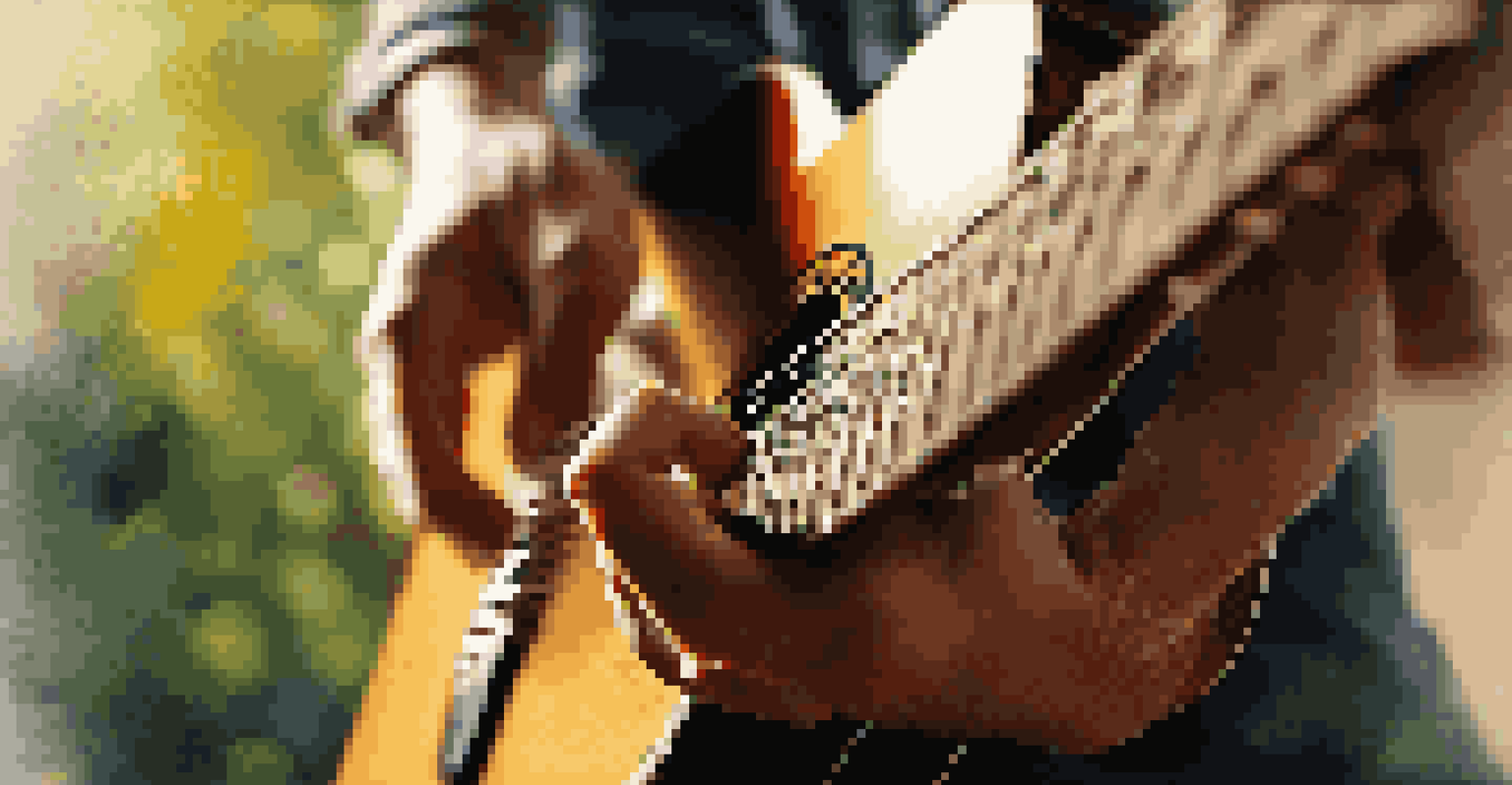 A close-up of a hand strumming a guitar, with sunlight filtering through leaves creating a soft focus background.