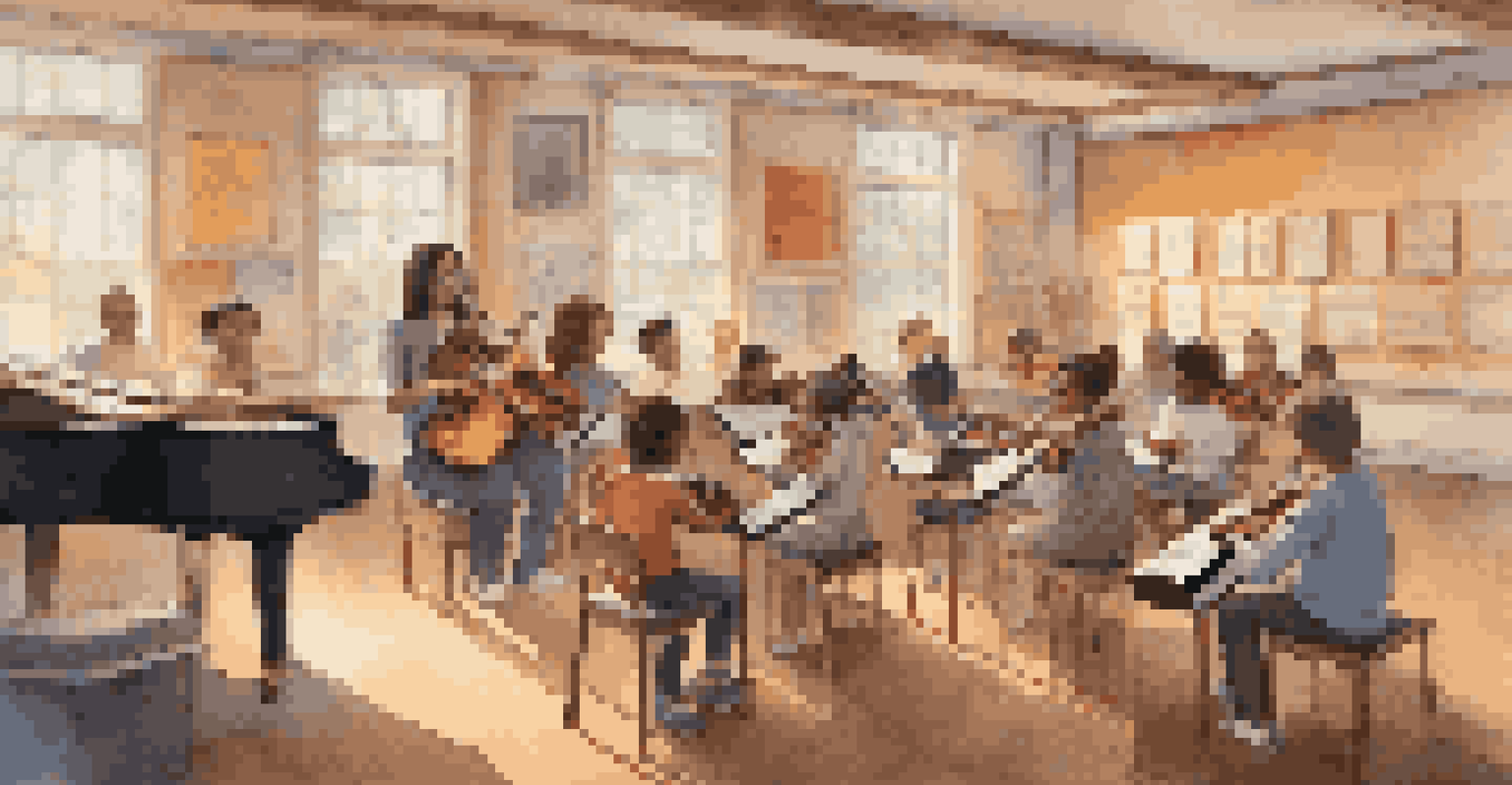 A music classroom with students learning about different musical styles, instruments scattered around, and a teacher guiding them, illuminated by warm lighting.