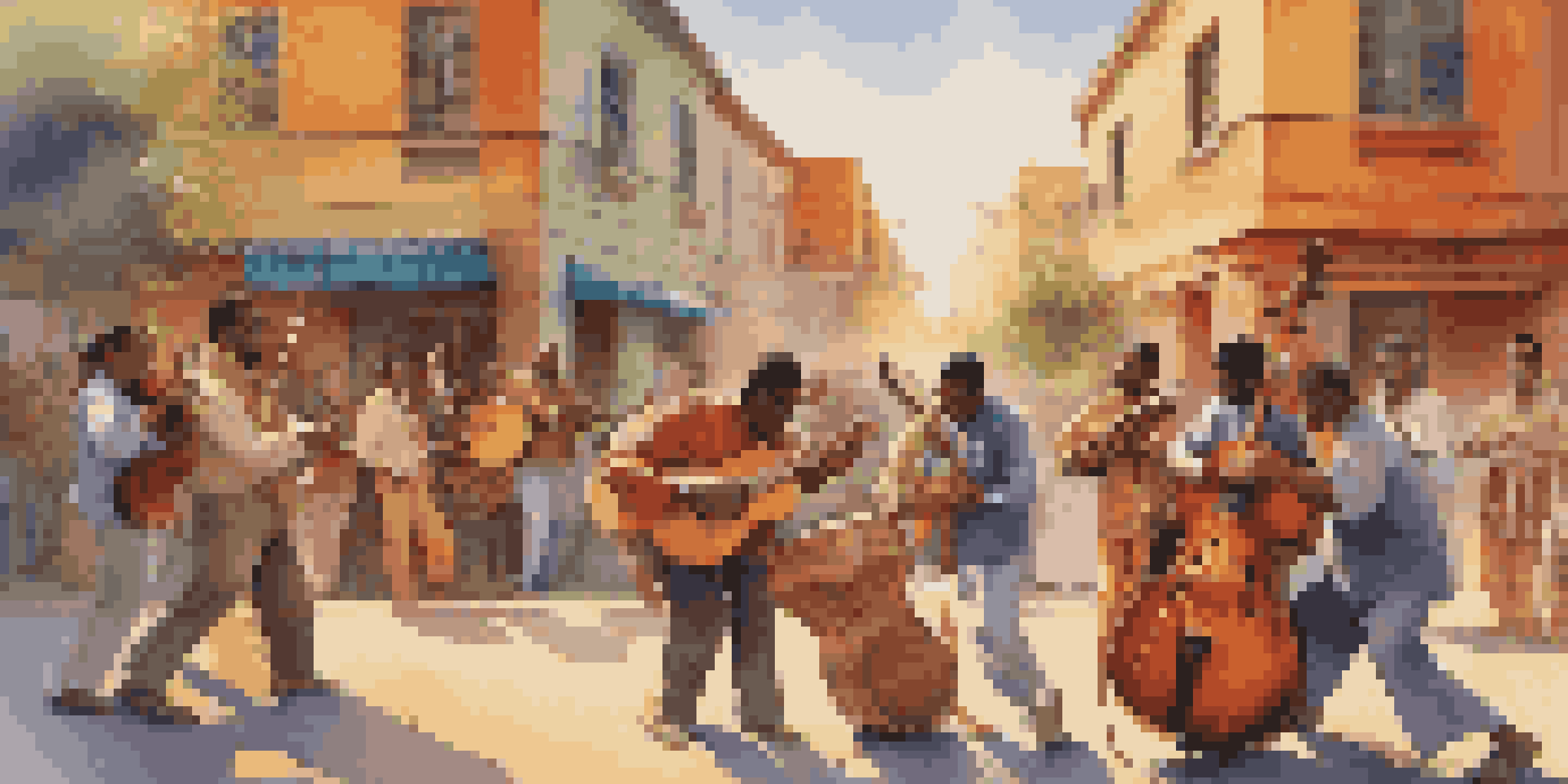 A diverse group of musicians playing traditional instruments in a vibrant street setting, with a colorful mural in the background.