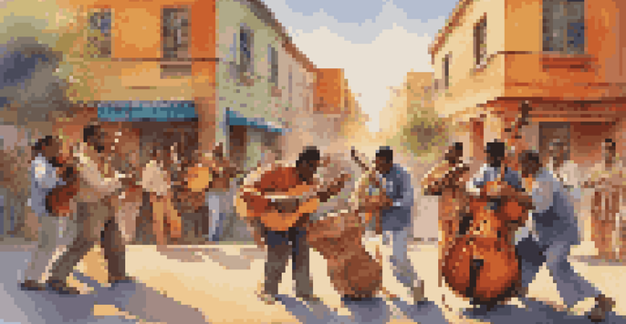 A diverse group of musicians playing traditional instruments in a vibrant street setting, with a colorful mural in the background.