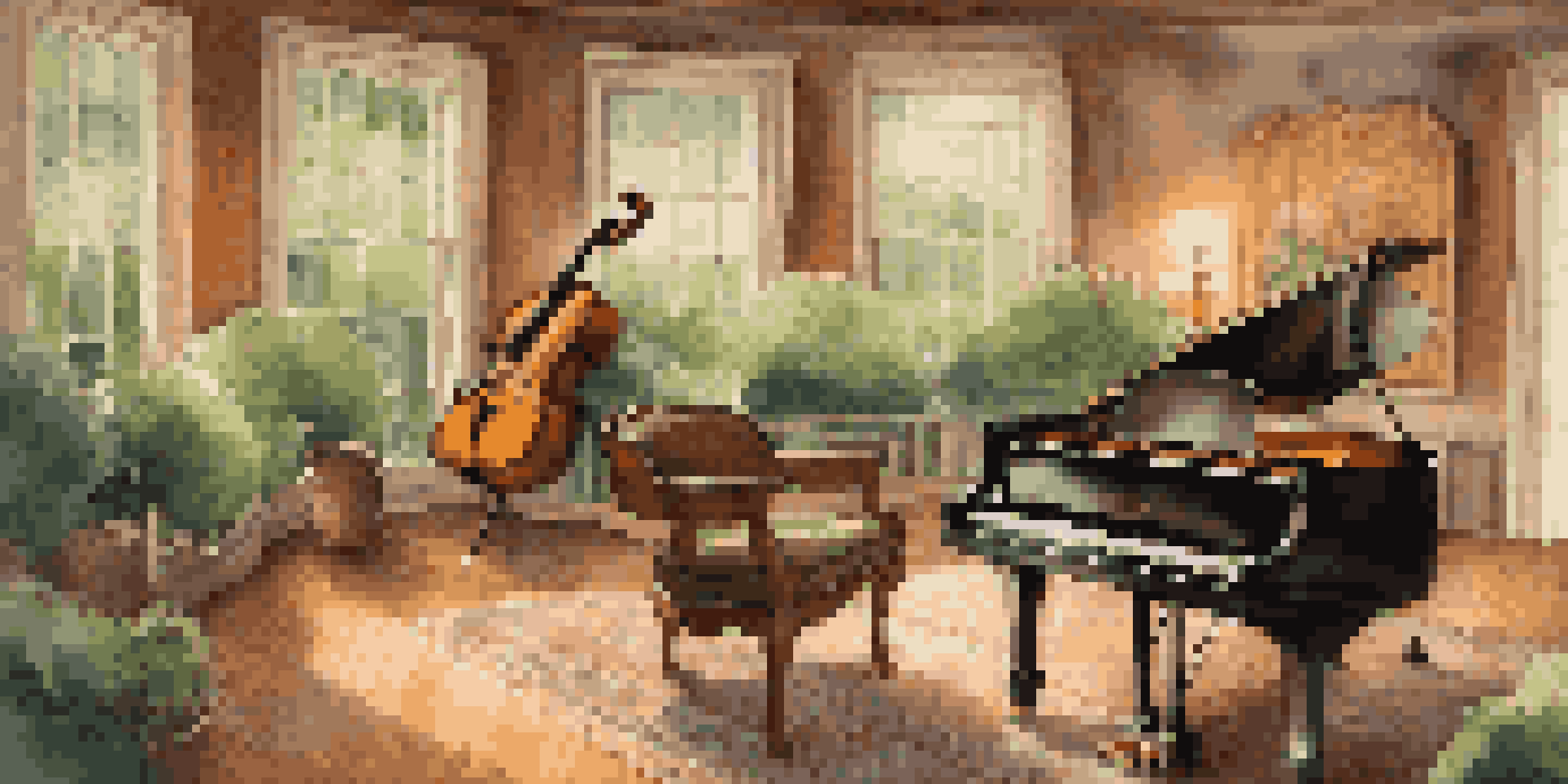 A serene orchestral recording studio with a grand piano and various musical instruments, bathed in warm lighting.
