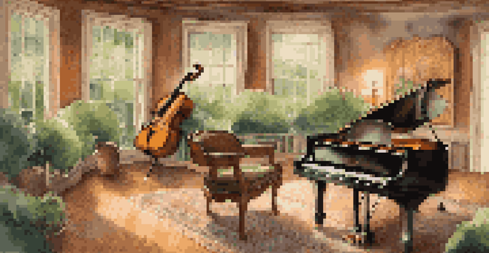 A serene orchestral recording studio with a grand piano and various musical instruments, bathed in warm lighting.