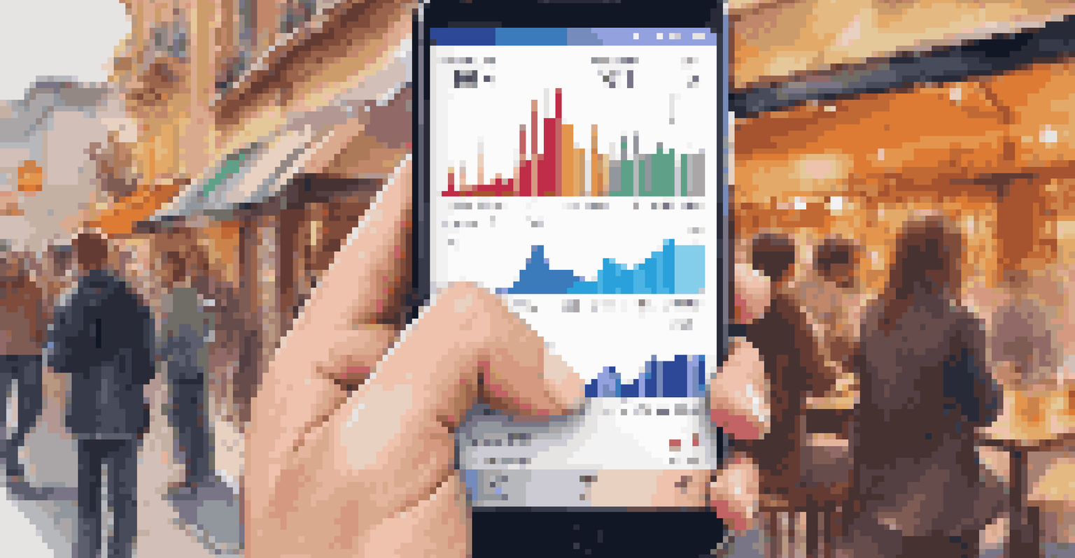 A close-up of a smartphone showing streaming data from a music app, set against a lively café background.