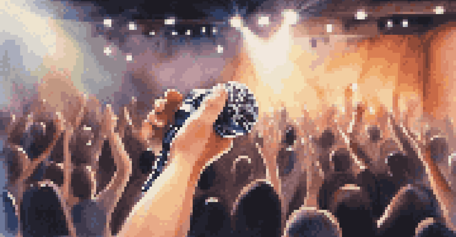A close-up of a hand holding a microphone on stage under a spotlight, with an audience in the background.
