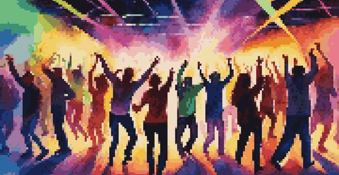 A lively dance party with people dancing under colorful lights, showcasing the energy and excitement of fast-paced music.