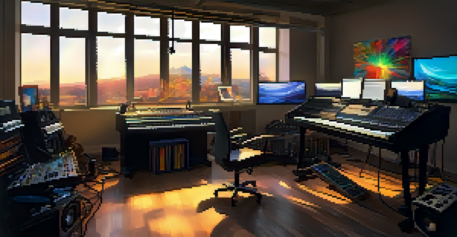 A musician in a bright studio, focused on a digital audio workstation with instruments around.