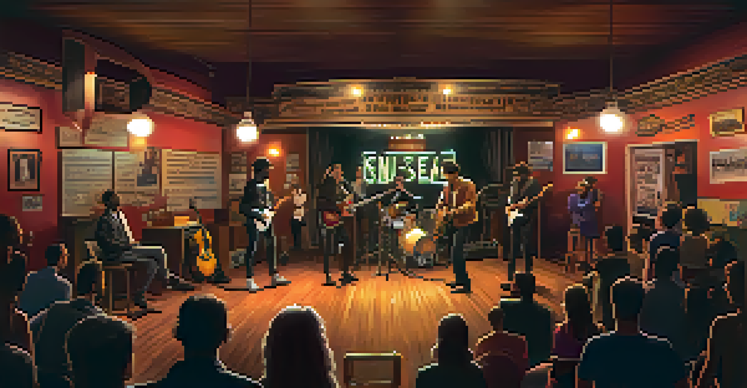 A cozy music venue featuring a local band performing on stage, surrounded by vintage decorations and an engaged audience, creating a warm atmosphere.
