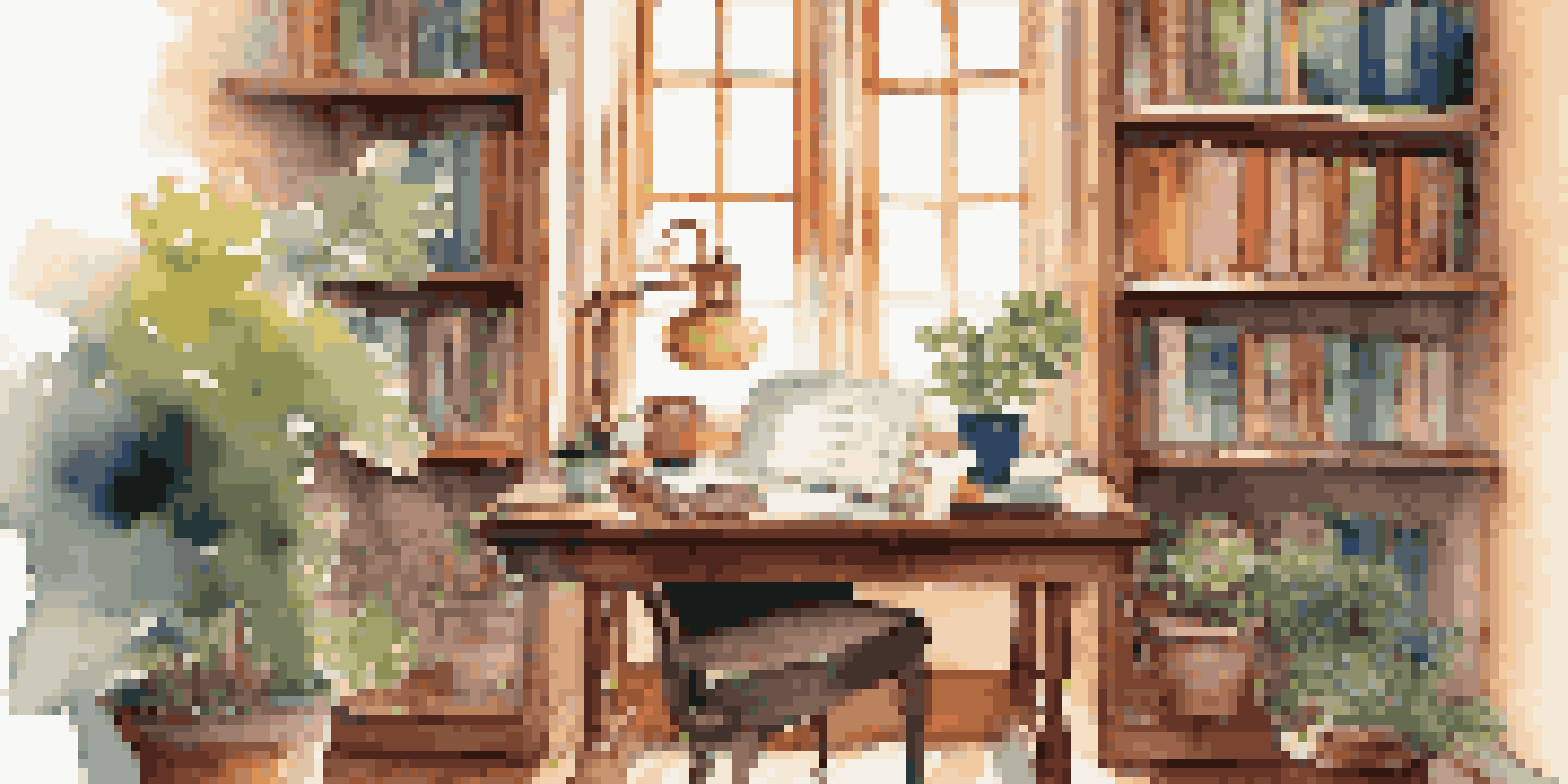A cozy writing space featuring a wooden desk, bookshelves, a notebook, and a cup of tea, with warm lighting and a potted plant.