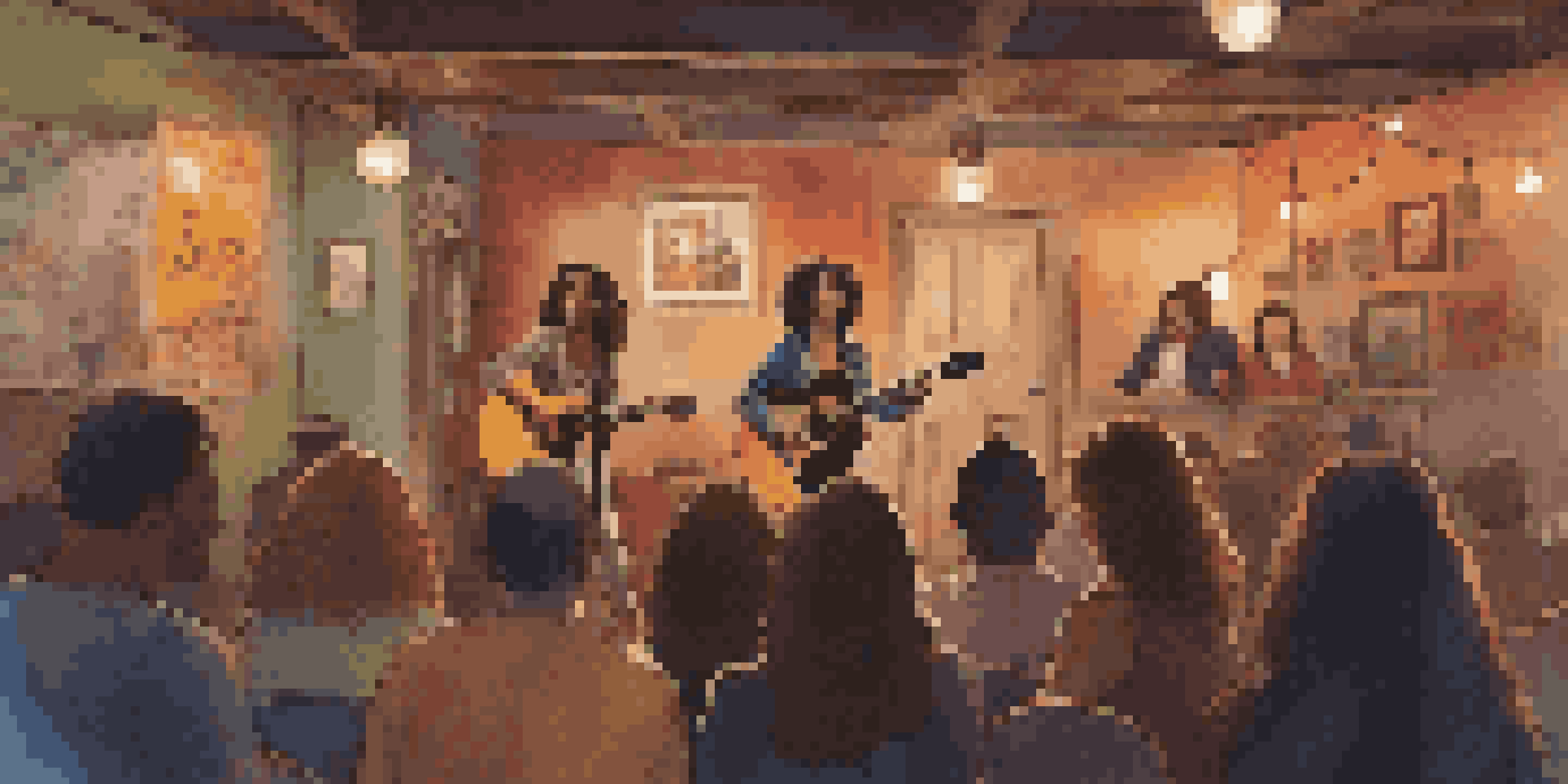 A female singer performing live in a cozy venue with string lights, engaging a diverse audience.