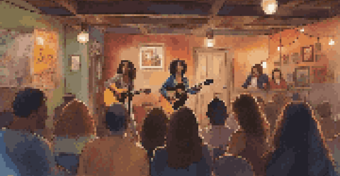 A female singer performing live in a cozy venue with string lights, engaging a diverse audience.