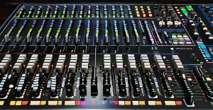 A close-up of a colorful mixing console with faders and knobs in a dimly lit environment, highlighting its intricate details.