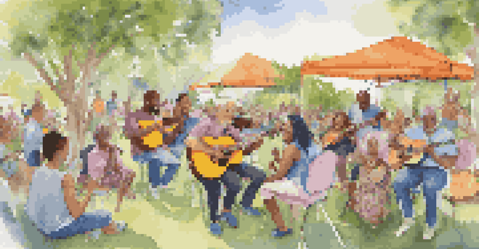 A diverse group of people in a park playing instruments and singing together, radiating joy and connection.