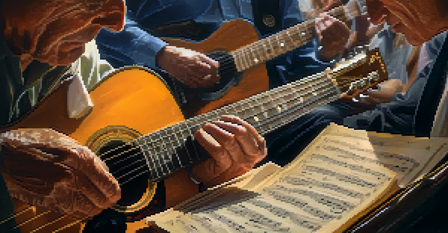A close-up of a veteran's hands strumming a guitar, with sheet music in the foreground and blurred figures in the background.