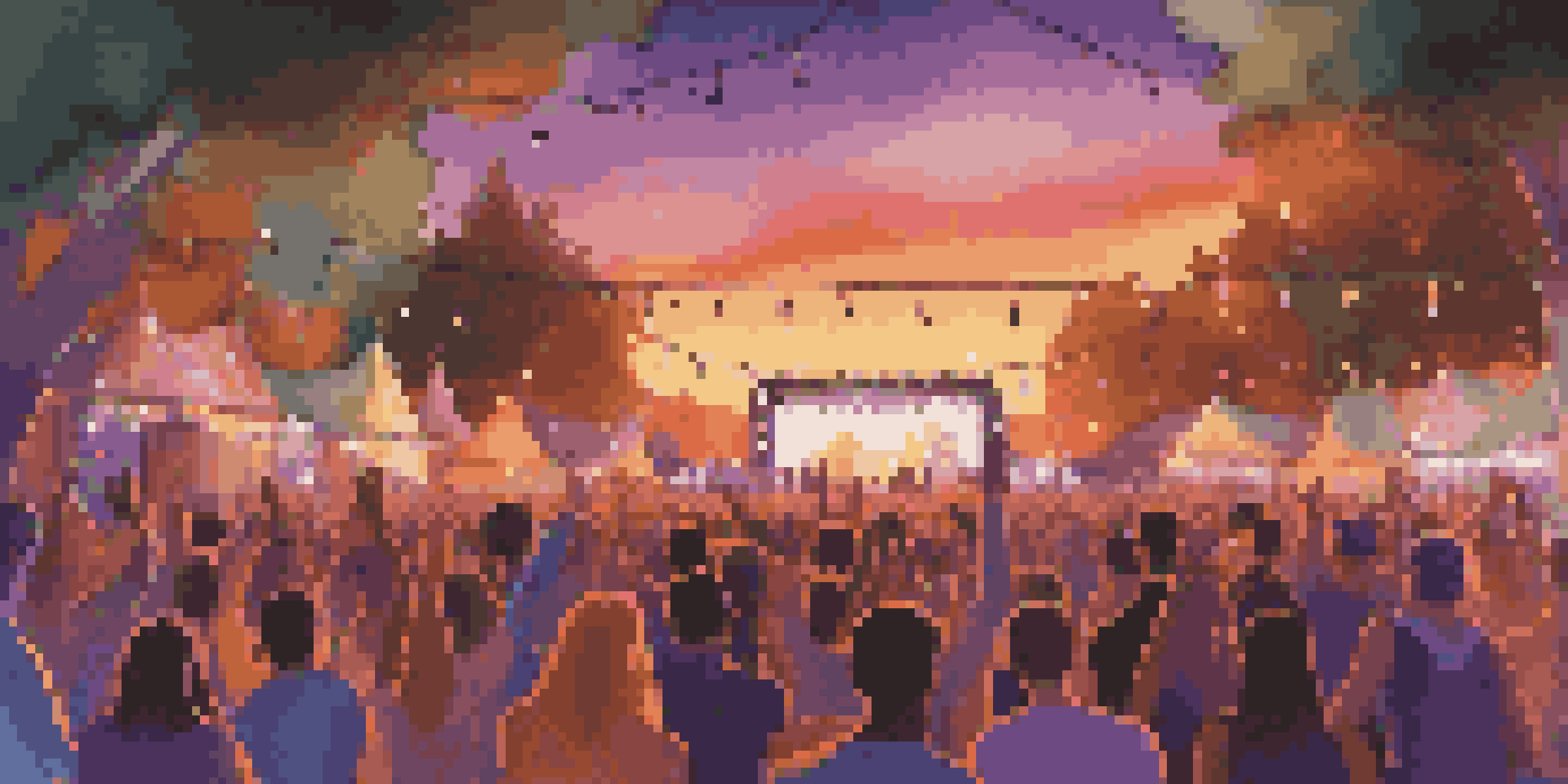 A lively music festival at sunset with a diverse crowd dancing and colorful lights illuminating the stage.