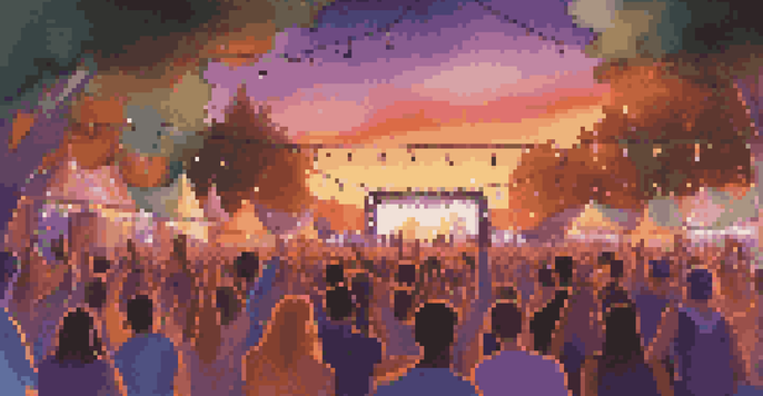 A lively music festival at sunset with a diverse crowd dancing and colorful lights illuminating the stage.