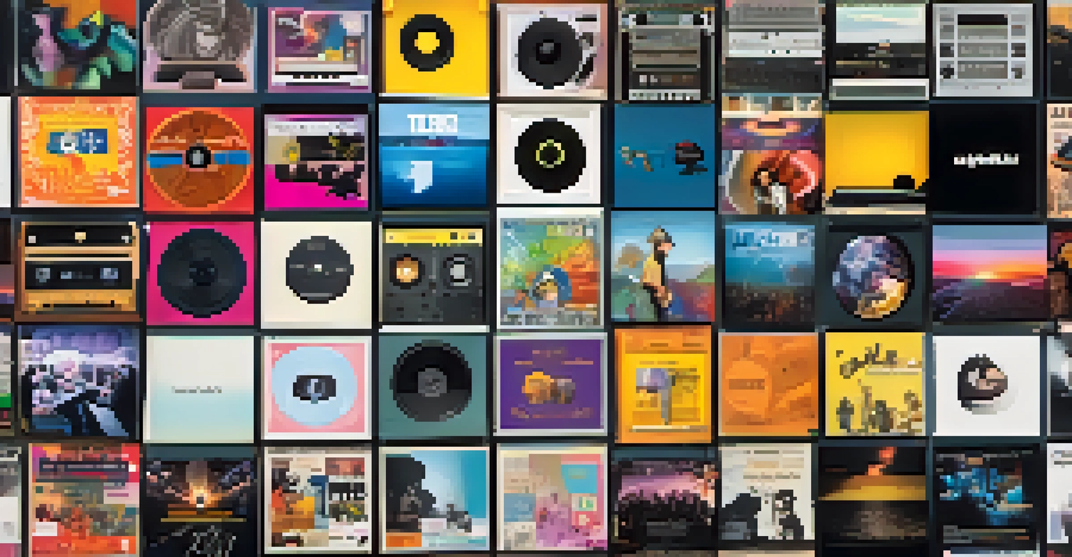 A colorful social media feed displaying music promotion posts with album covers and engaging content.