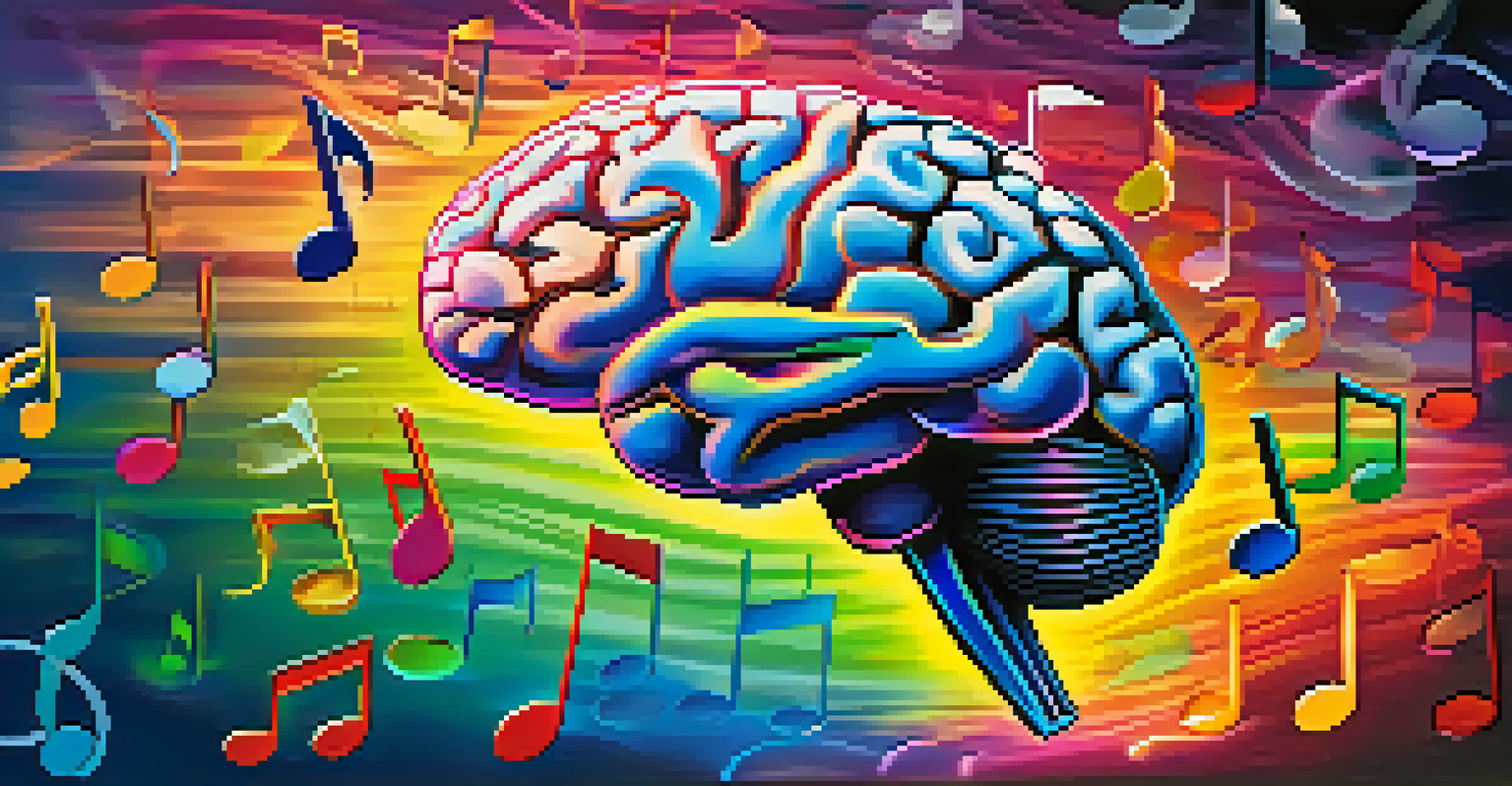A colorful artistic depiction of a brain with musical notes flowing through it, symbolizing the link between music and memory.
