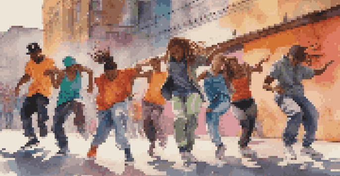 A group of dancers in colorful clothing performing hip-hop in front of a graffiti wall, with sunlight casting shadows.