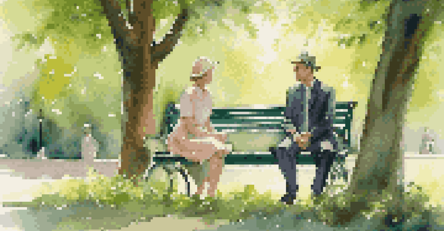 Two characters on a park bench having a heartfelt conversation amidst a vibrant, green park.