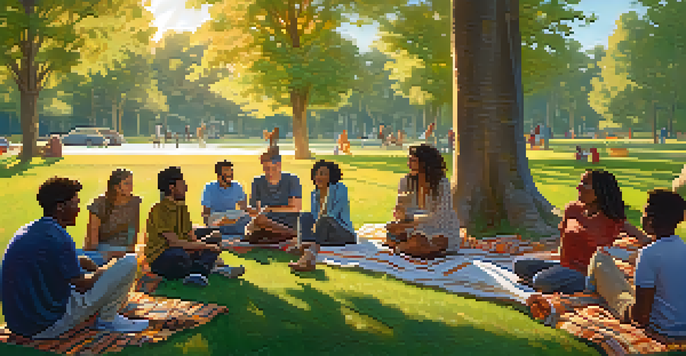 A diverse group of people gathered in a sunny park, sharing stories and enjoying music, creating a sense of community.